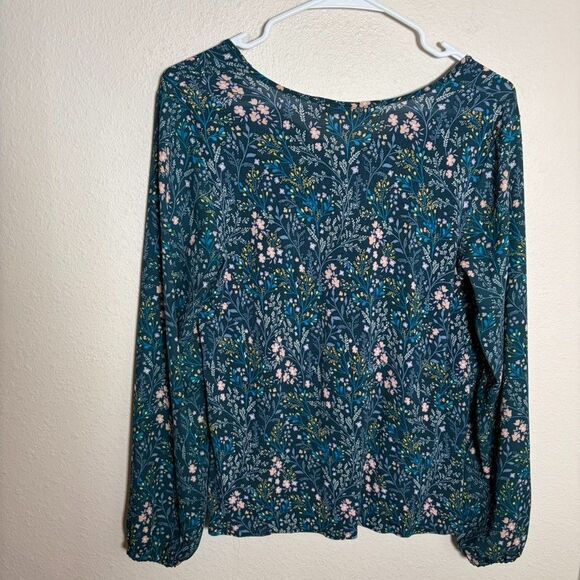 Loft T-Shirt Women's XS Blue Floral Long Sleeve V-Neck Printed Shirt Top Casual - Picture 3 of 7